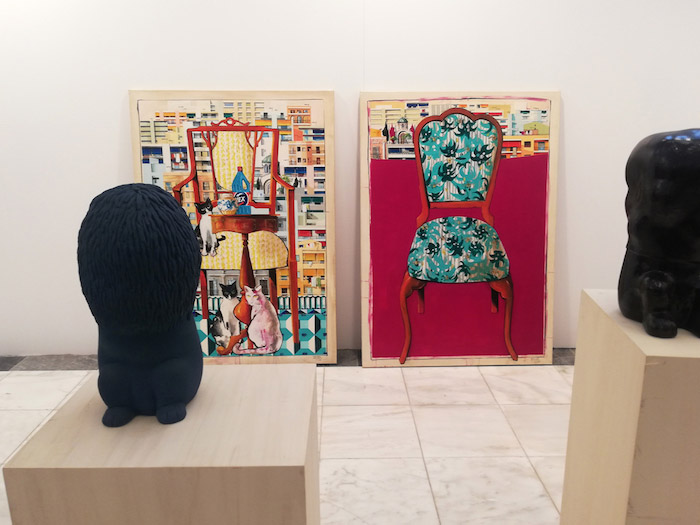 black sculptures and chair paintings by Vassilis Karakatsanis at Art Athina 2019