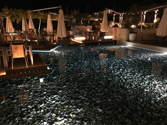 costa navarino water path at night
