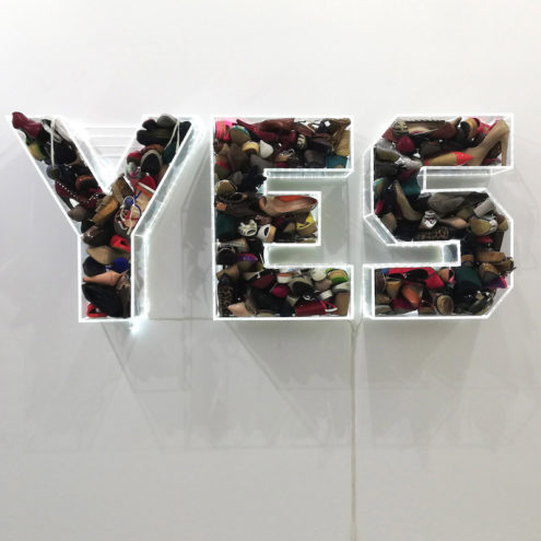 Yes plexiglass and shoes vitrine artwork by Iakovos Volkov for Alexandra Kollaros