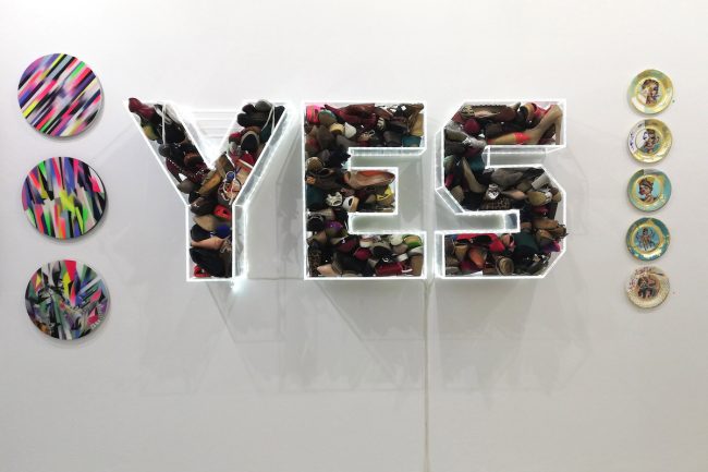 Yes plexiglass and shoes vitrine artwork by Iakovos Volkov for Alexandra Kollaros