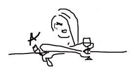Black doodle of long-haired woman holding wine glass and paint brush
