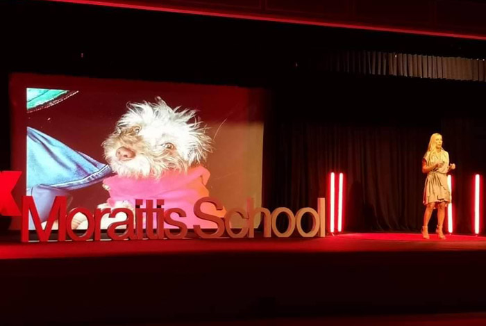 Alexandra Kollaros on stage at Tedx Moraitis School