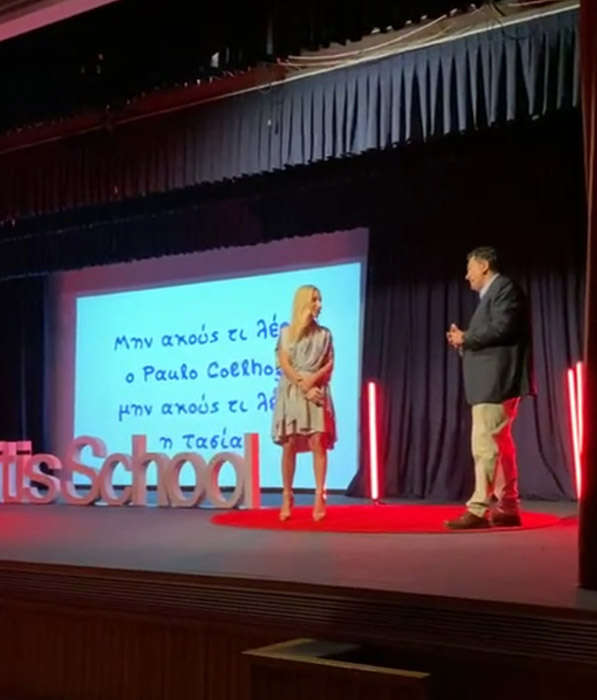 Alexandra Kollaros and Alexis Papachelas at Tedx Moraitis School