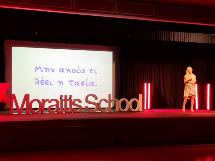 Alexandra Kollaros delivering her Tedx Moraitis School talk