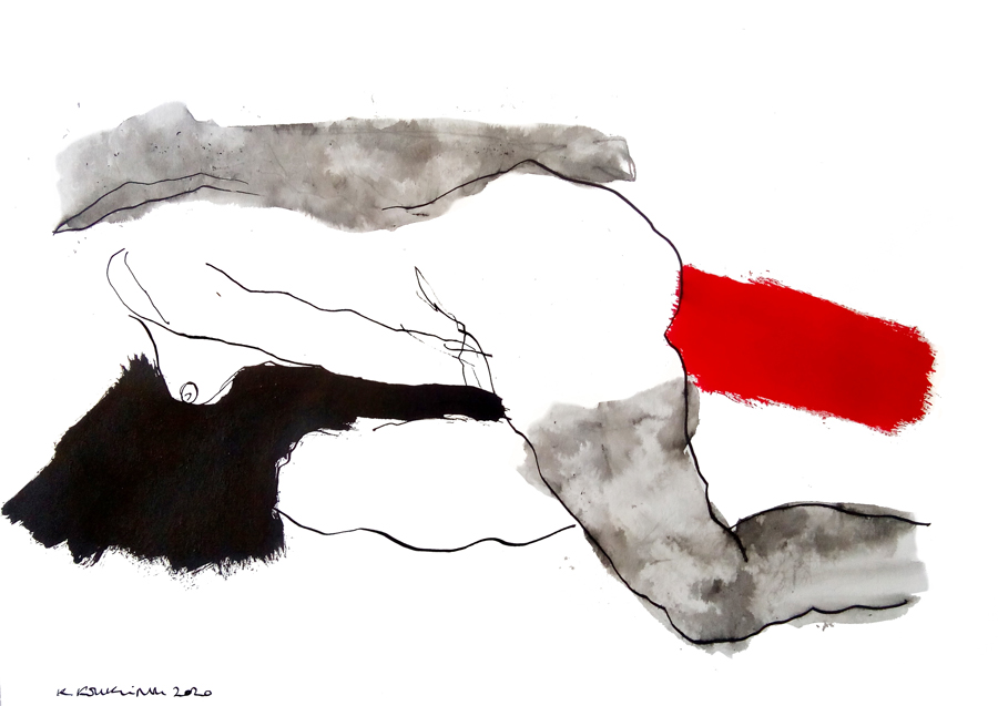 Abstract female body drawing in black, white and red