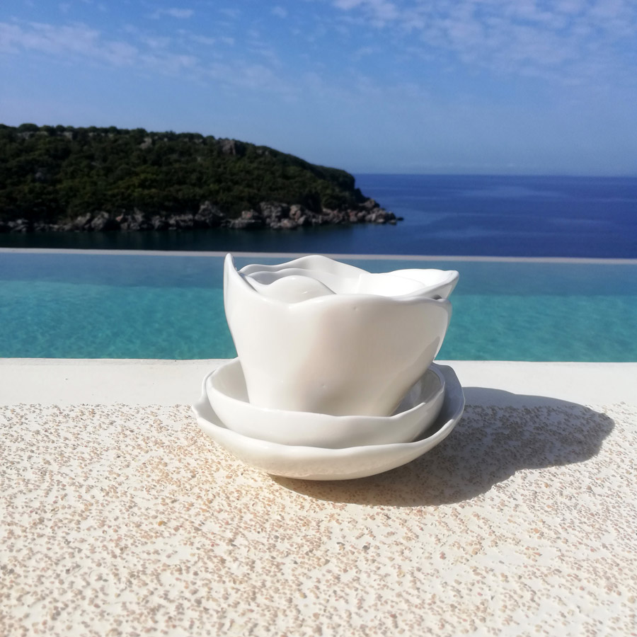 Five white ceramic bowls in front of a pool.