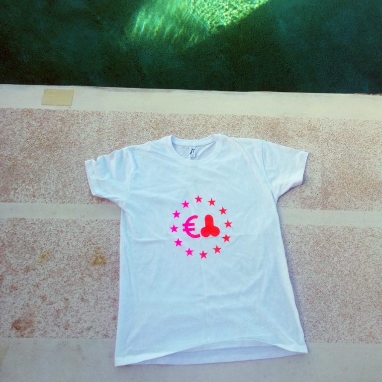 White t-shirt with pink logo