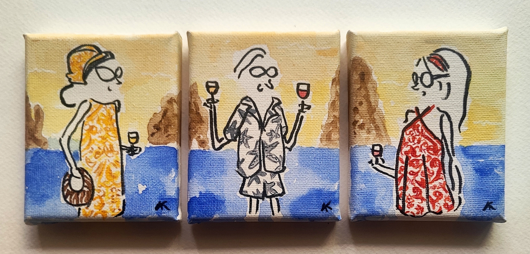 The Capri Lovers Summer Lovers micro paintings by Alexandra Kollaros showing three figures in front of a seascape.
