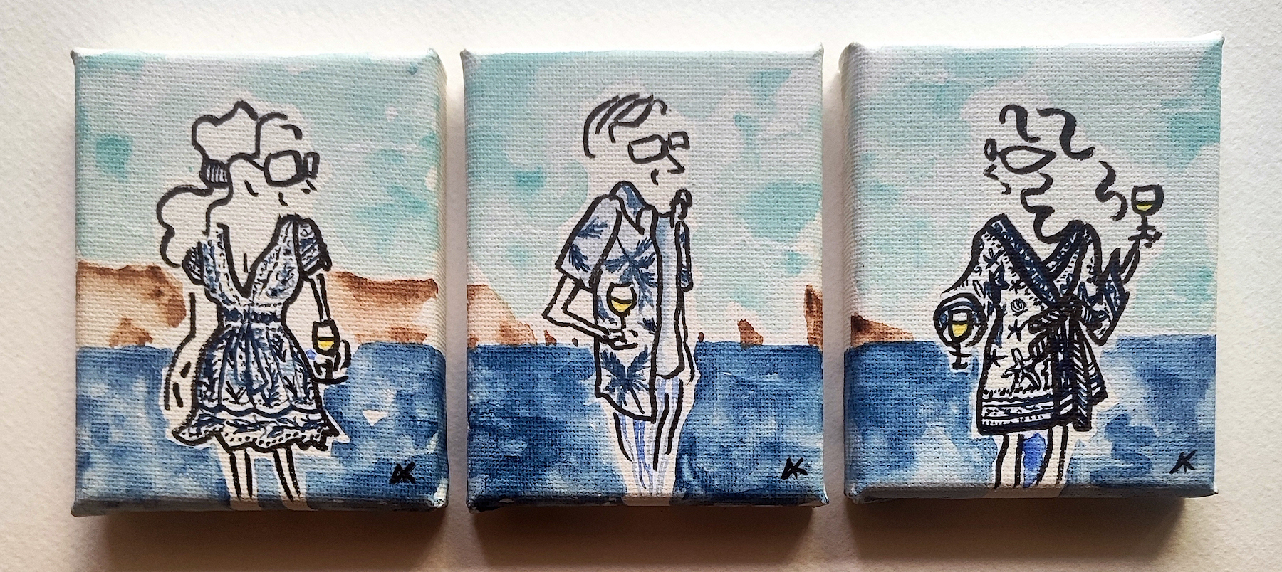 The Polyaigos Lovers Summer Lovers micro paintings by Alexandra Kollaros showing three figures in front of a seascape.